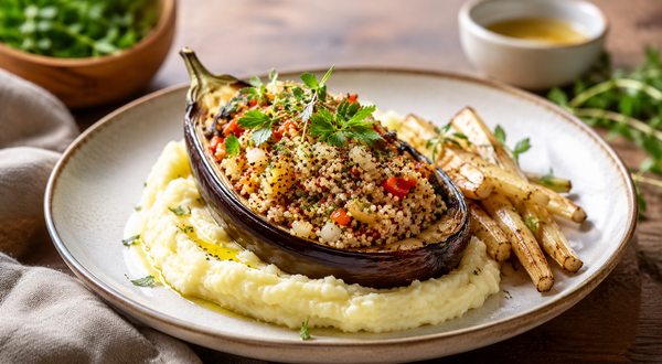 Aubergine mit Quinoa-Gemüsefülle auf Kartoffelpüree und gebratenen Pastinaken