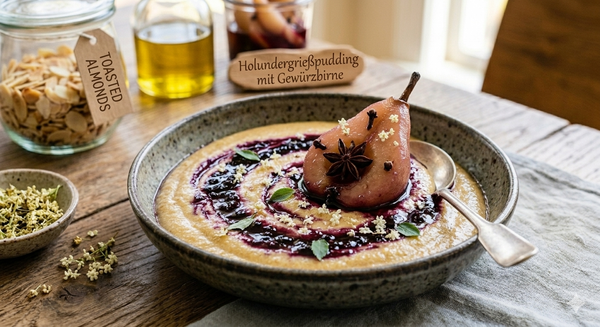 Holundergrießpudding mit Gewürzbirne