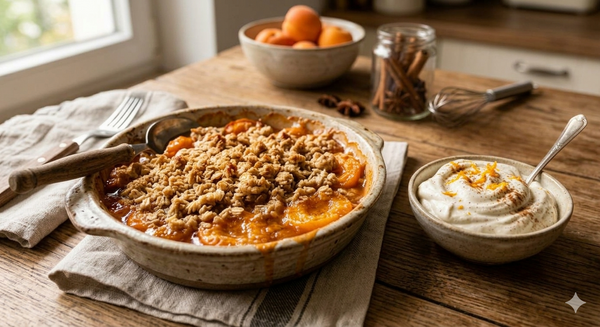 Aprikosencrumble mit Gewürzsahne