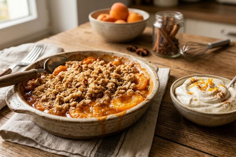 Aprikosencrumble mit Gewürzsahne