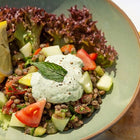 Kichererbsen-Pfannkuchen mit Gemüsefülle und Avocado-Korianderdip