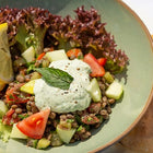 Kichererbsen-Pfannkuchen mit Gemüsefülle und Avocado-Korianderdip