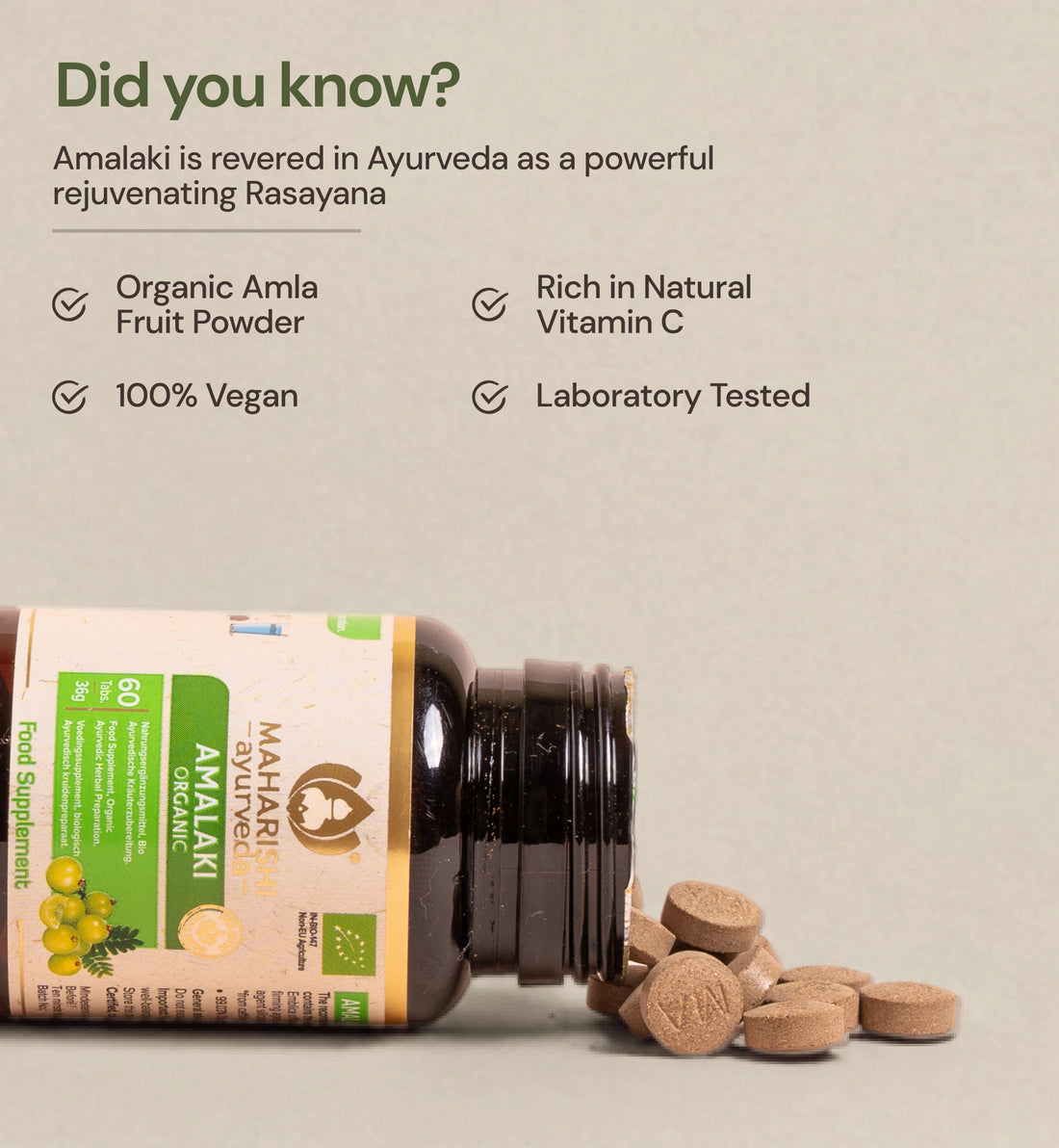 Amalaki Organic bottle with tablets and product benefits