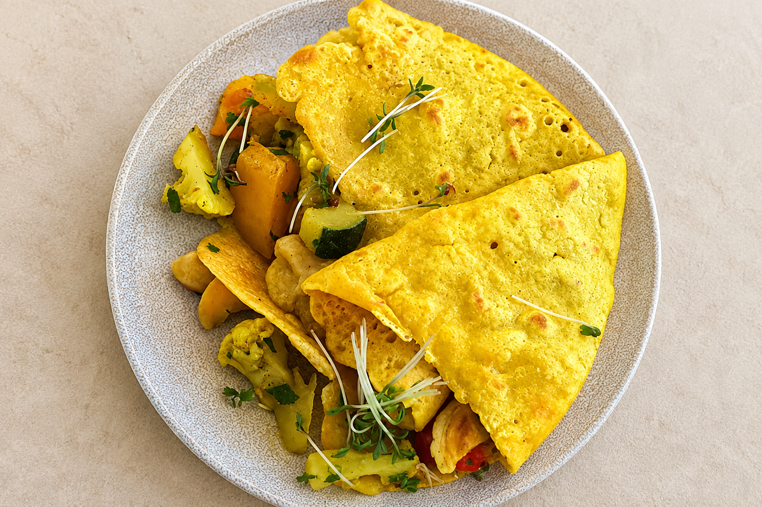 Kichererbsen-Pfannkuchen mit herbstlicher Gemüsefülle