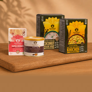 Maharishi Ayurveda Kapha Energise, Raja's Cup, Kokosnusssuppe und Khichdi Produkte