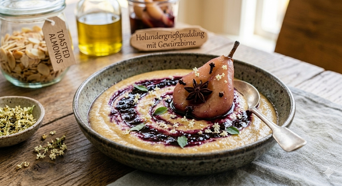 Holundergrießpudding mit Gewürzbirne