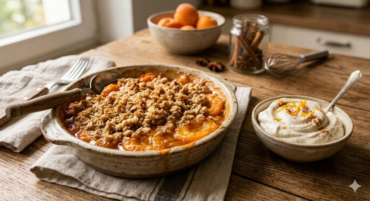 Aprikosencrumble mit Gewürzsahne