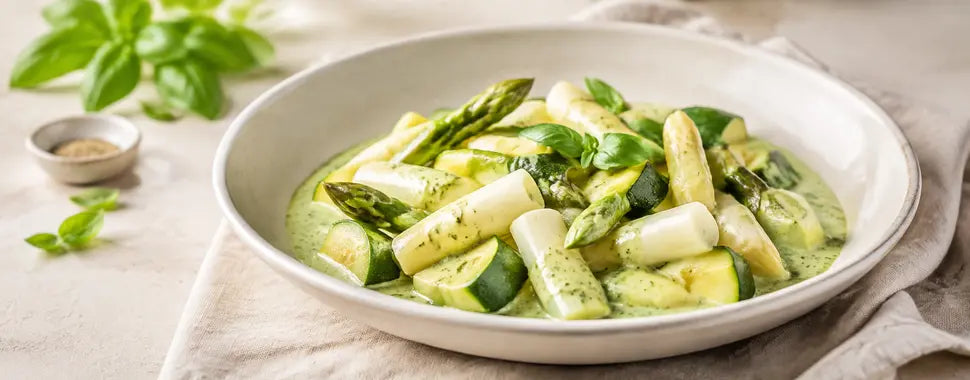 Spargel-Zucchini-Gemüse mit Basilikumsauce